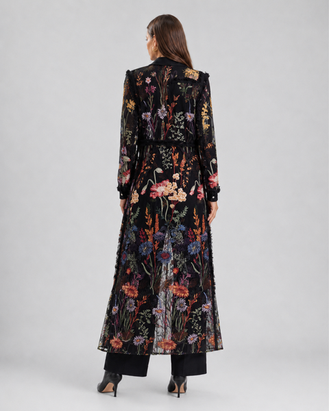 Embroidered Sheer Mesh Denim Duster