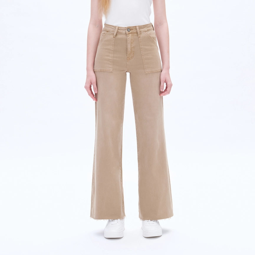 Utility High Rise Wide Leg Twill Pants with Raw Hem FADED KHAKI-Pants-BAYEAS-24-FADED KHAKI-Urbanheer