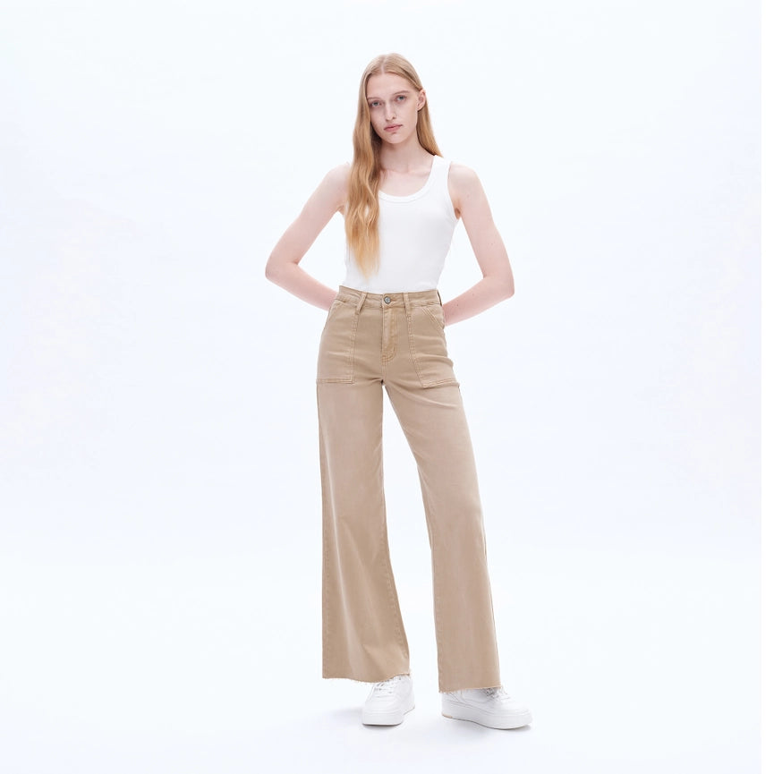 Utility High Rise Wide Leg Twill Pants with Raw Hem FADED KHAKI-Pants-BAYEAS-24-FADED KHAKI-Urbanheer
