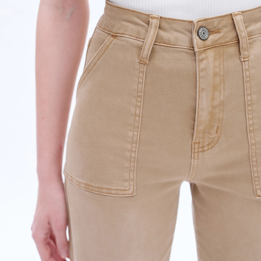 Utility High Rise Wide Leg Twill Pants with Raw Hem FADED KHAKI-Pants-BAYEAS-24-FADED KHAKI-Urbanheer