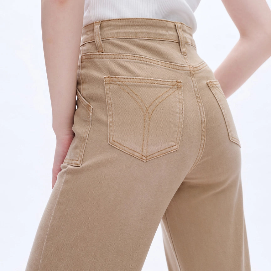 Utility High Rise Wide Leg Twill Pants with Raw Hem FADED KHAKI-Pants-BAYEAS-24-FADED KHAKI-Urbanheer