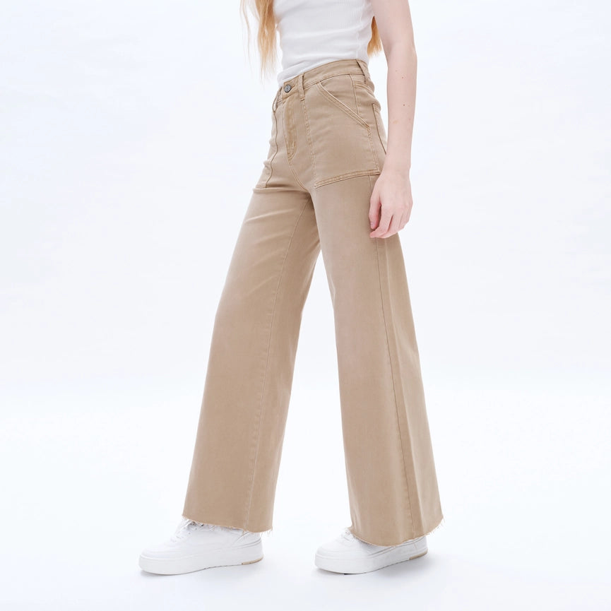 Utility High Rise Wide Leg Twill Pants with Raw Hem FADED KHAKI-Pants-BAYEAS-24-FADED KHAKI-Urbanheer