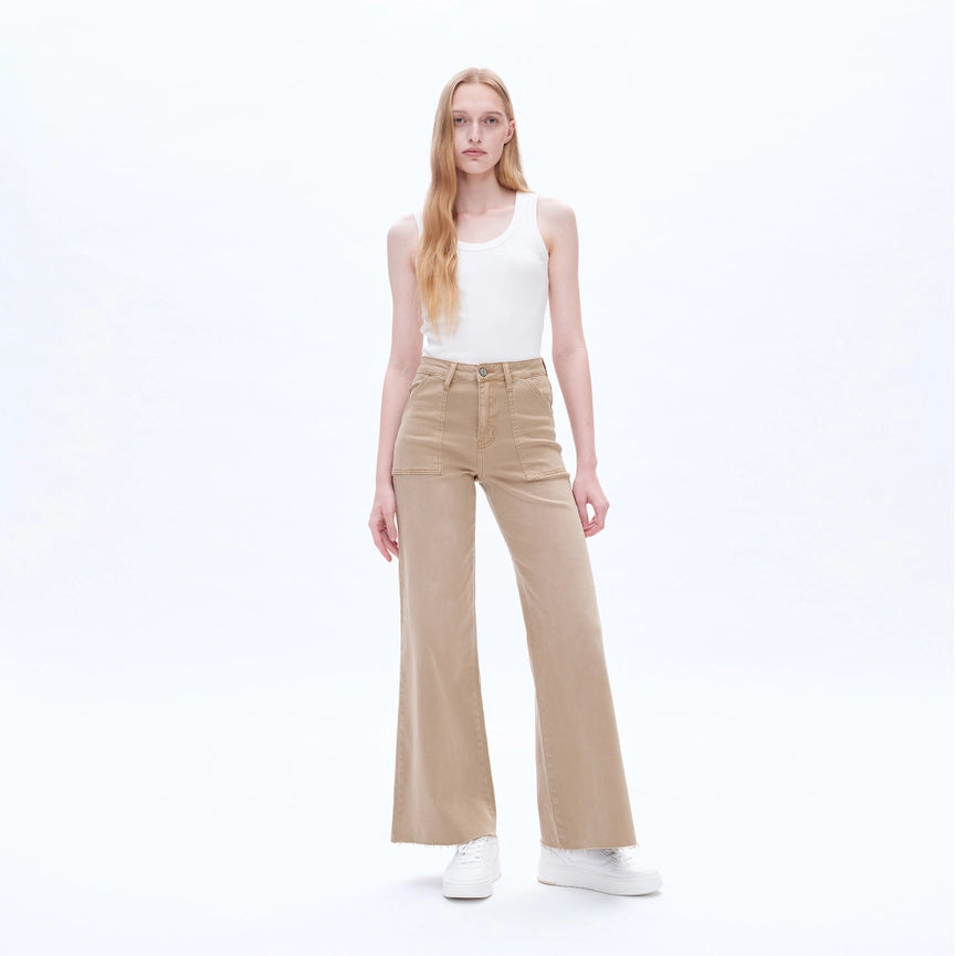 Utility High Rise Wide Leg Twill Pants with Raw Hem FADED KHAKI-Pants-BAYEAS-24-FADED KHAKI-Urbanheer