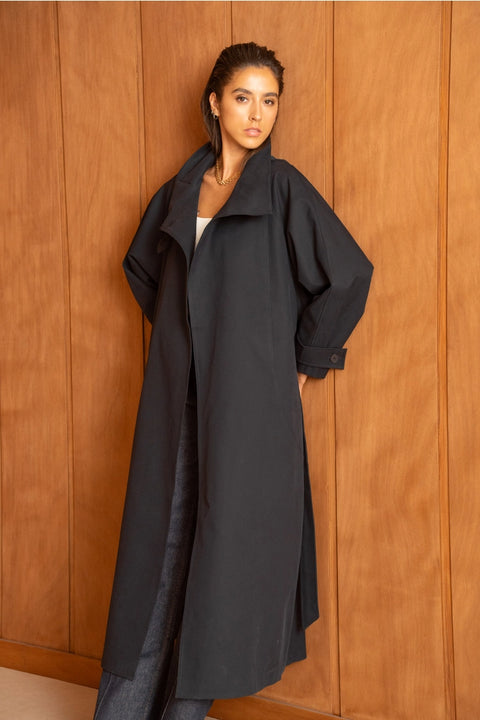 Utility Oversized Long Belted Trench with Stand-Up Collar