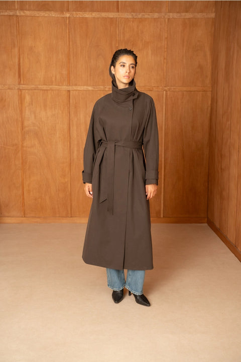 Utility Oversized Long Belted Trench with Stand-Up Collar