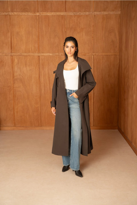 Utility Oversized Long Belted Trench with Stand-Up Collar