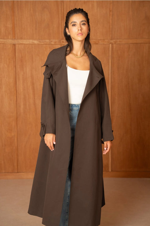 Utility Oversized Long Belted Trench with Stand-Up Collar