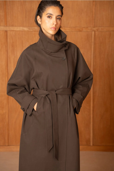 Utility Oversized Long Belted Trench with Stand-Up Collar