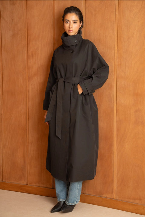 Utility Oversized Long Belted Trench with Stand-Up Collar