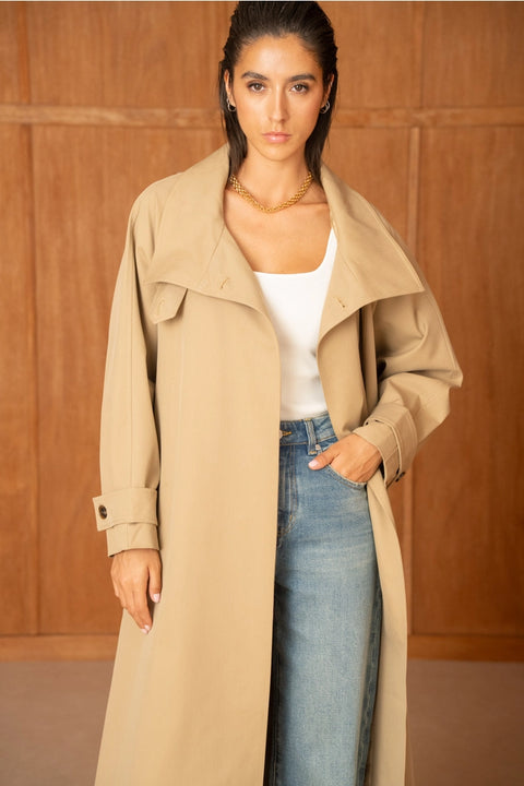 Utility Oversized Long Belted Trench with Stand-Up Collar