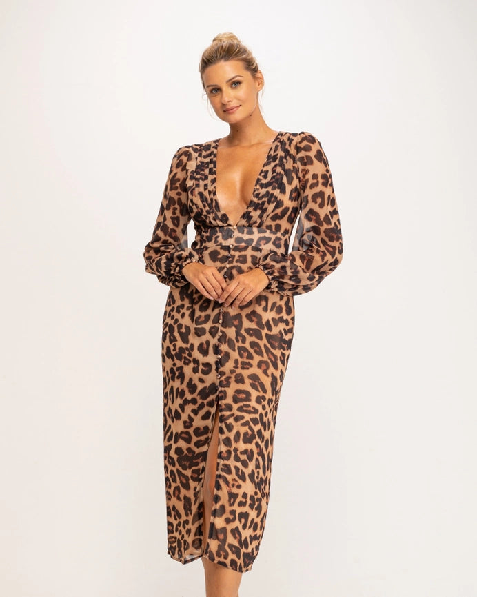 V-Neck Animal Print Midi Dress-Dress-Tantra-S-Urbanheer