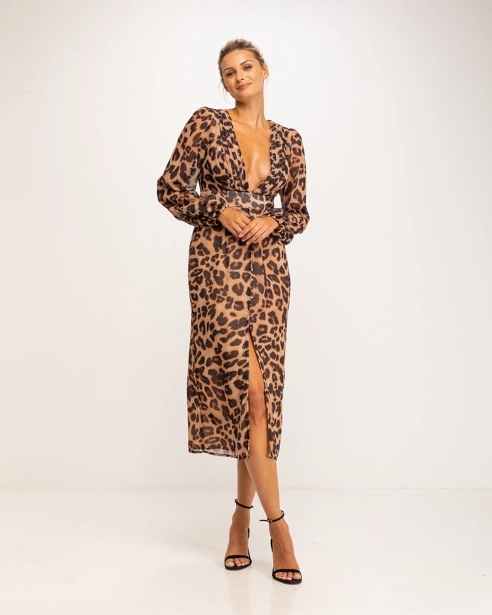 V-Neck Animal Print Midi Dress-Dress-Tantra-S-Urbanheer