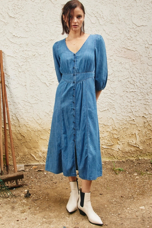 V-Neck Button Down Front Chambray Midi Dress-Dress-Lara Daisy-S-Blue-Urbanheer