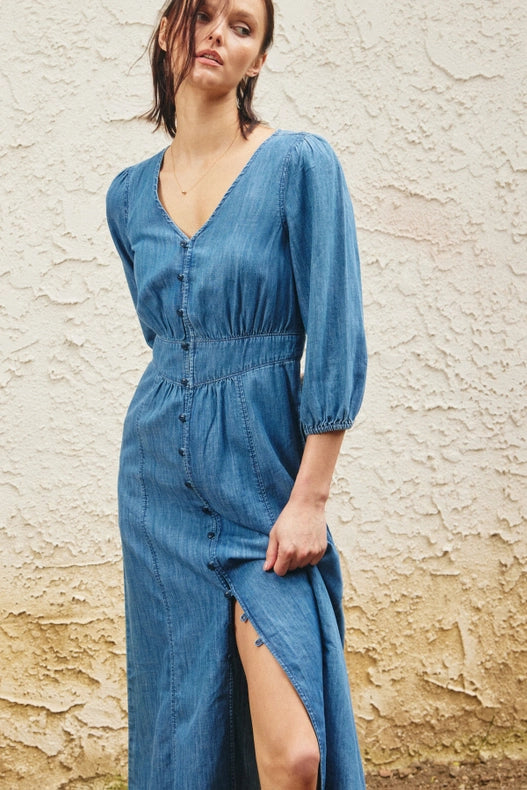 V-Neck Button Down Front Chambray Midi Dress-Dress-Lara Daisy-S-Blue-Urbanheer