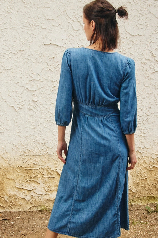 V-Neck Button Down Front Chambray Midi Dress-Dress-Lara Daisy-S-Blue-Urbanheer