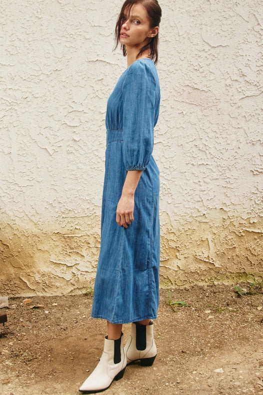V-Neck Button Down Front Chambray Midi Dress-Dress-Lara Daisy-S-Blue-Urbanheer