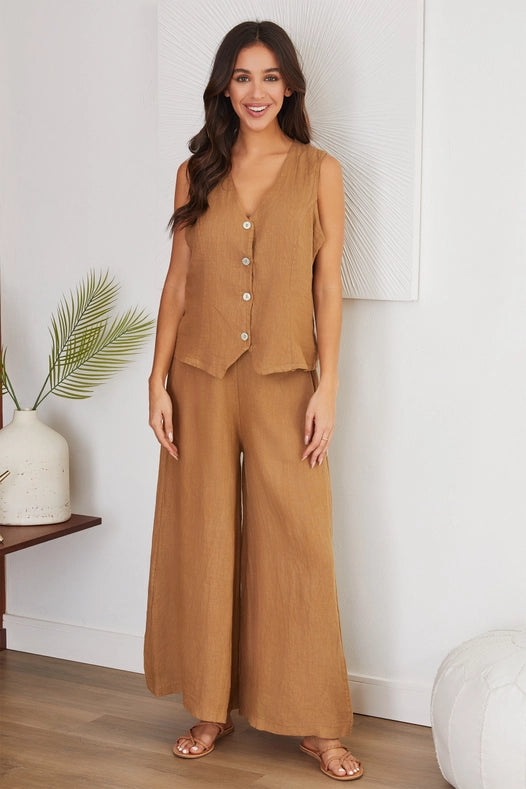 V Neck Button Down Linen Vest Cam-Vest-VENTI6-S-Urbanheer