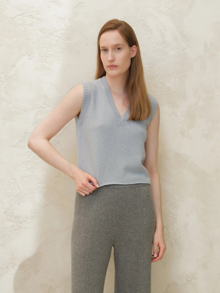 V-Neck Cashmere Blend Sleeveless Top-Top-LÈMME-S-Blu Dusty-Urbanheer