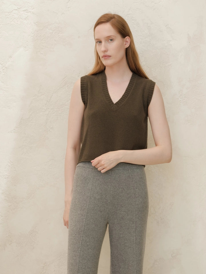 V-Neck Cashmere Blend Sleeveless Top-Top-LÈMME-S-Loden-Urbanheer