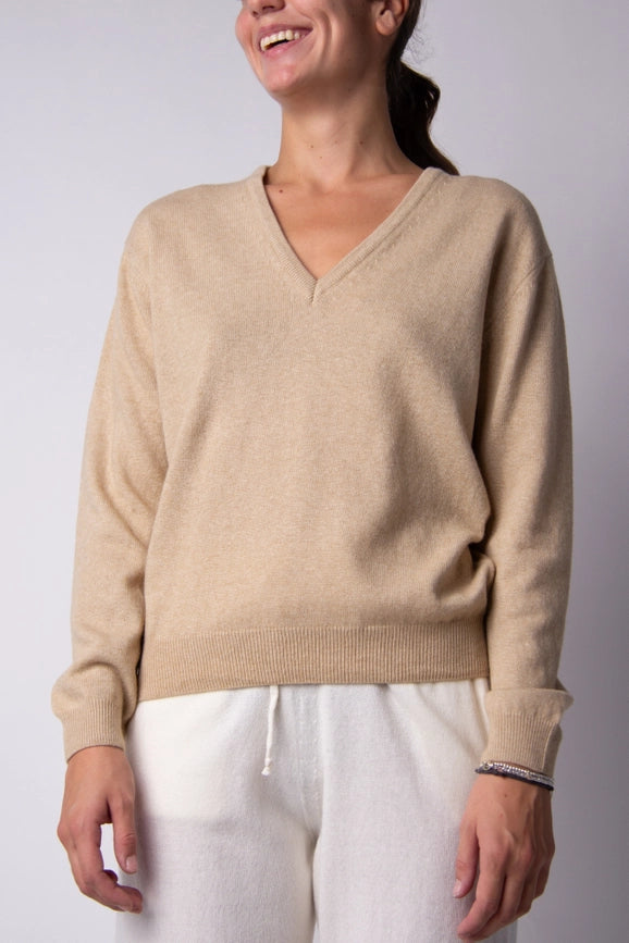 V-Neck Cashmere Blend Sweater Beige-Sweater-LÈMME-S-Urbanheer