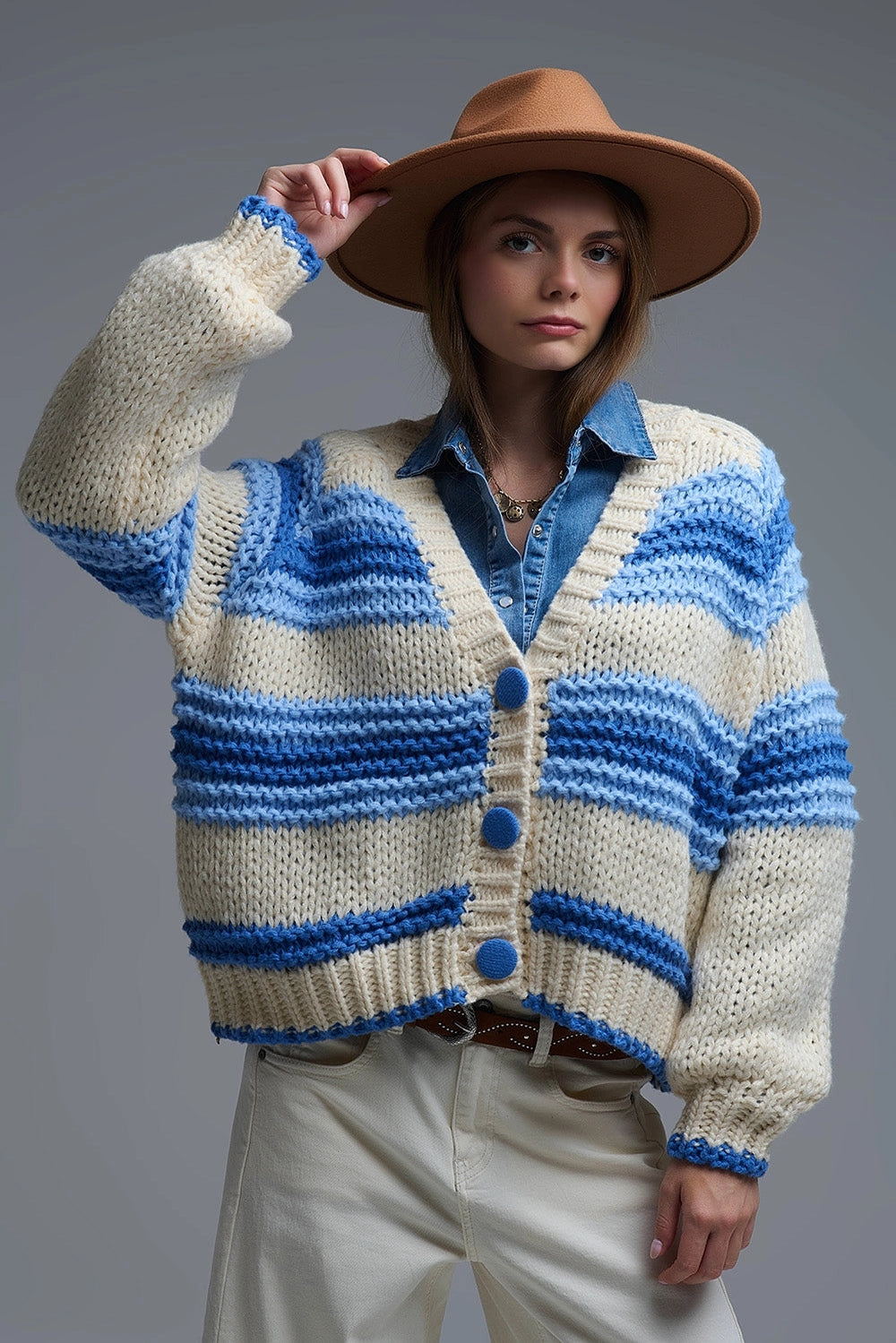 V-Neck Chunky Knit Cardigan in Striped of Blue and Cream