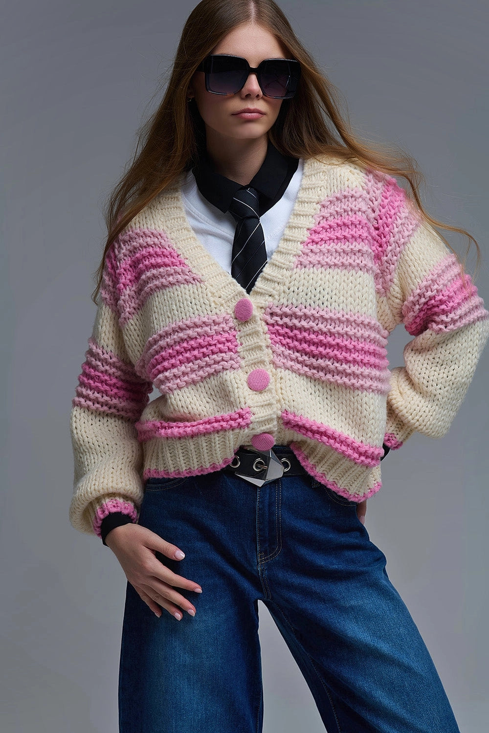 V-Neck Chunky Knit Cardigan in Striped of Pink and Cream