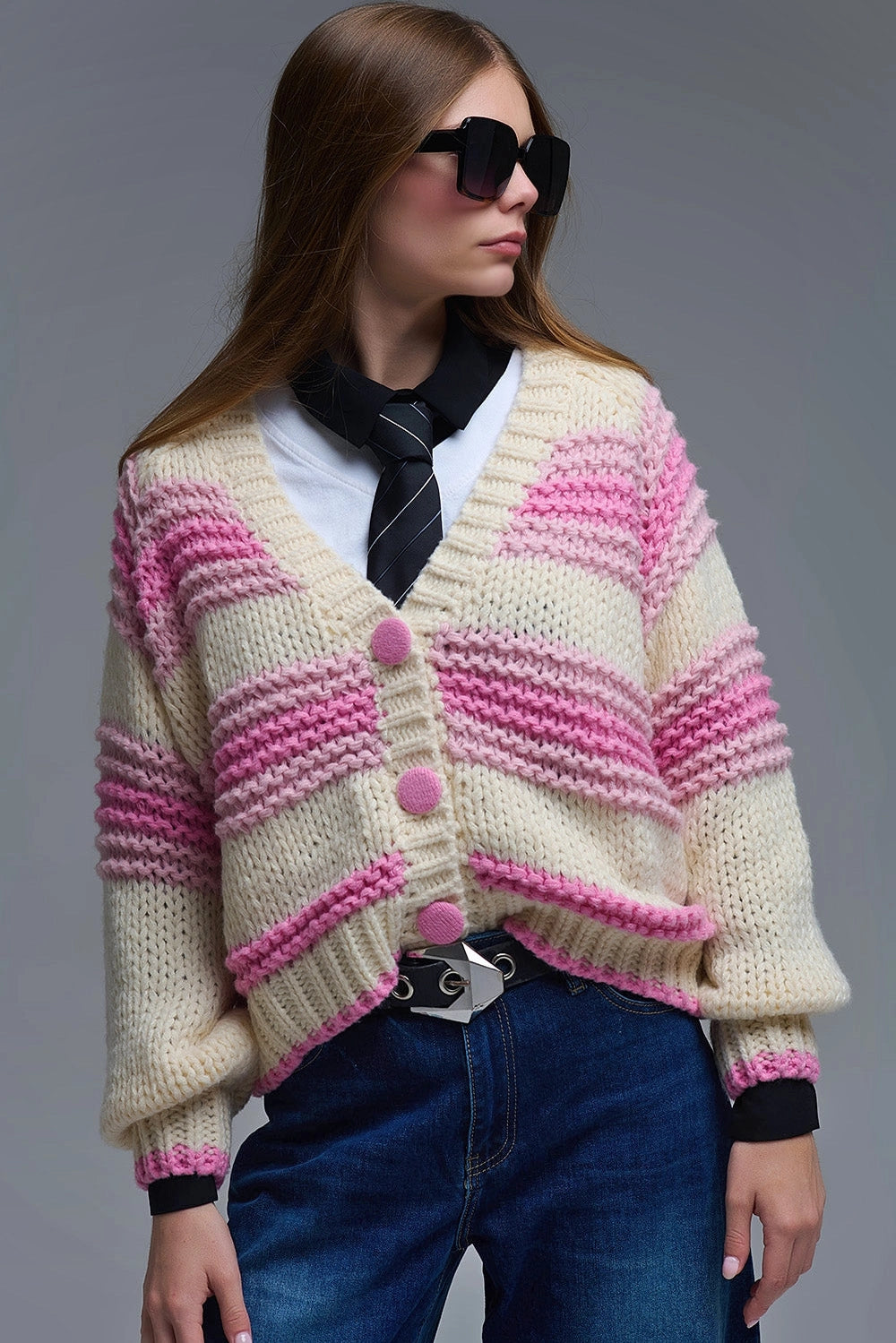 V-Neck Chunky Knit Cardigan in Striped of Pink and Cream