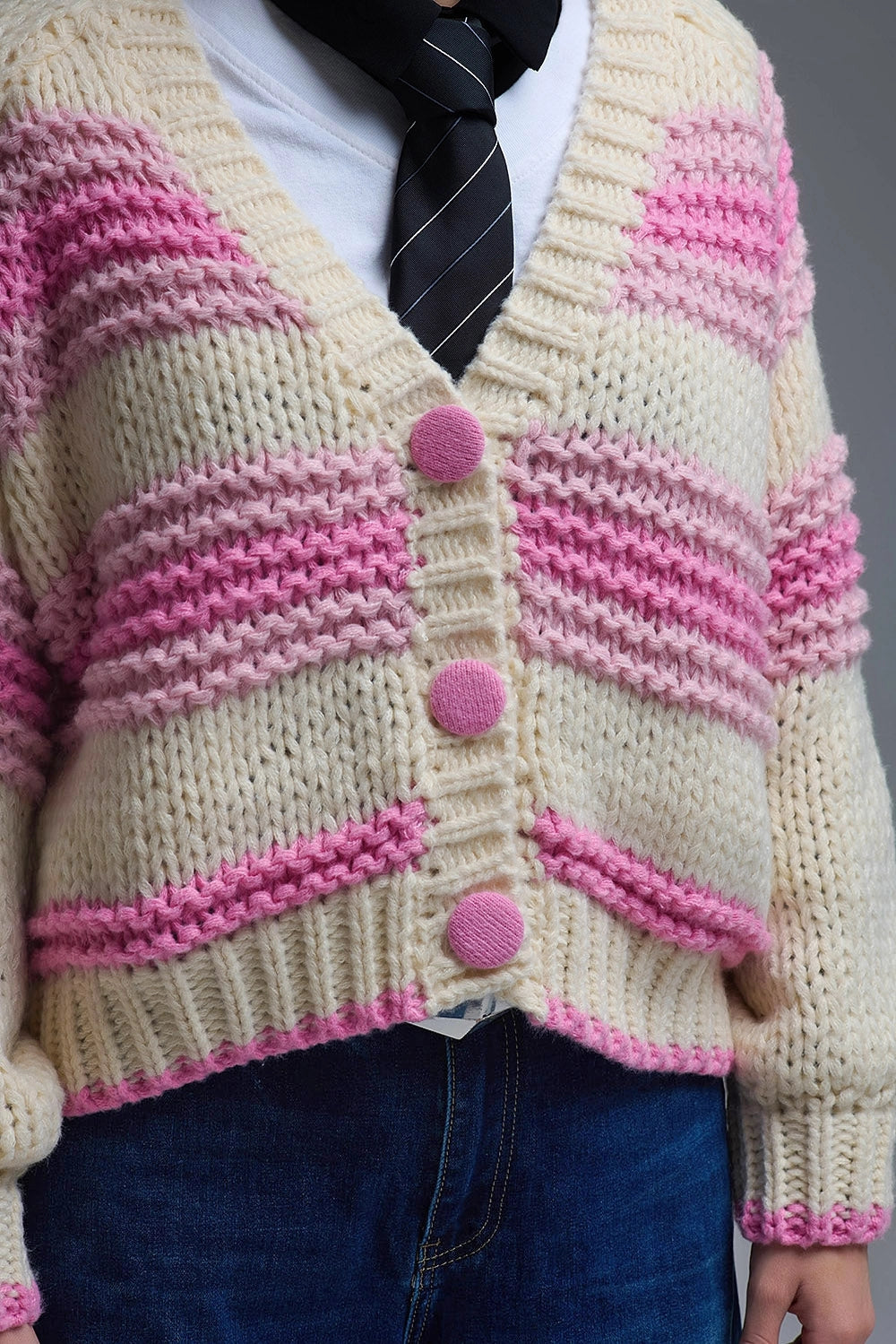 V-Neck Chunky Knit Cardigan in Striped of Pink and Cream