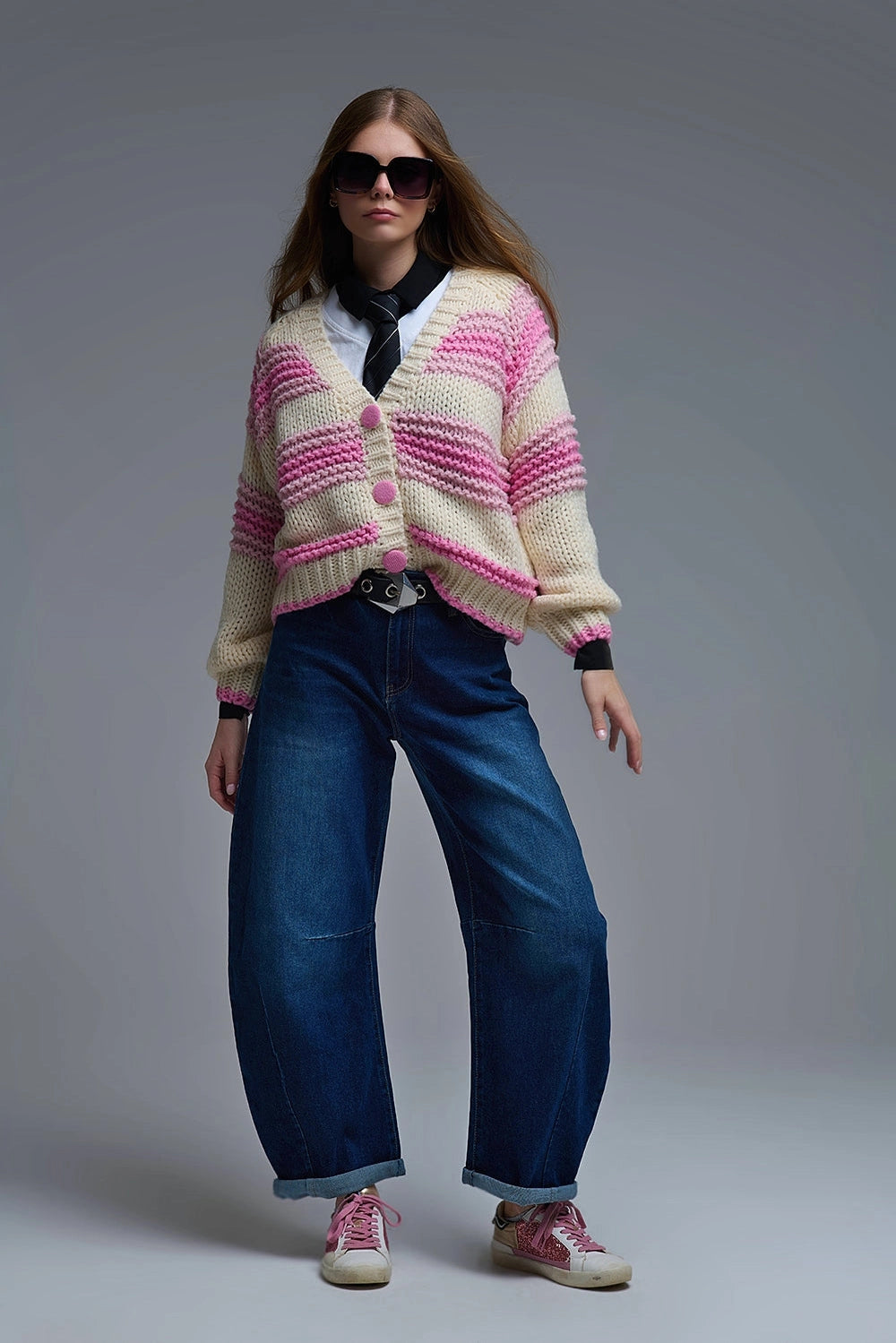 V-Neck Chunky Knit Cardigan in Striped of Pink and Cream