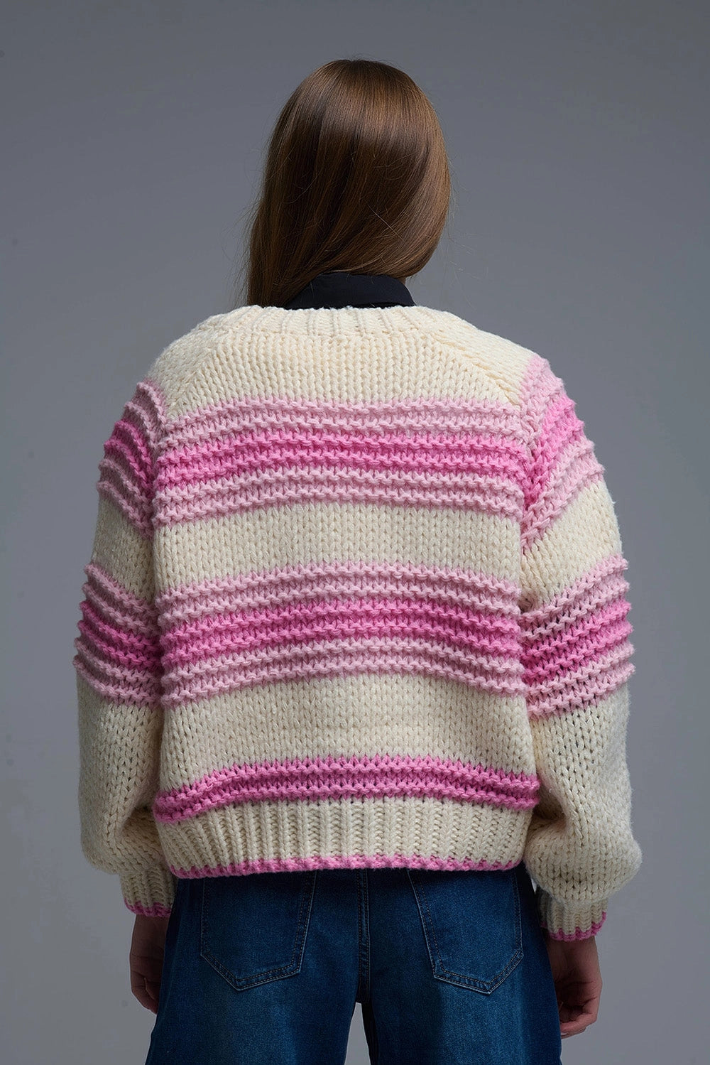 V-Neck Chunky Knit Cardigan in Striped of Pink and Cream