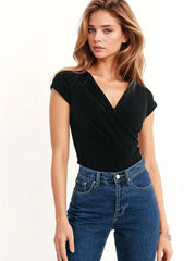 V-Neck Crossed Drapped Fitted Top with Cap Sleeves in Black-Top-Q2-S-Black-Urbanheer