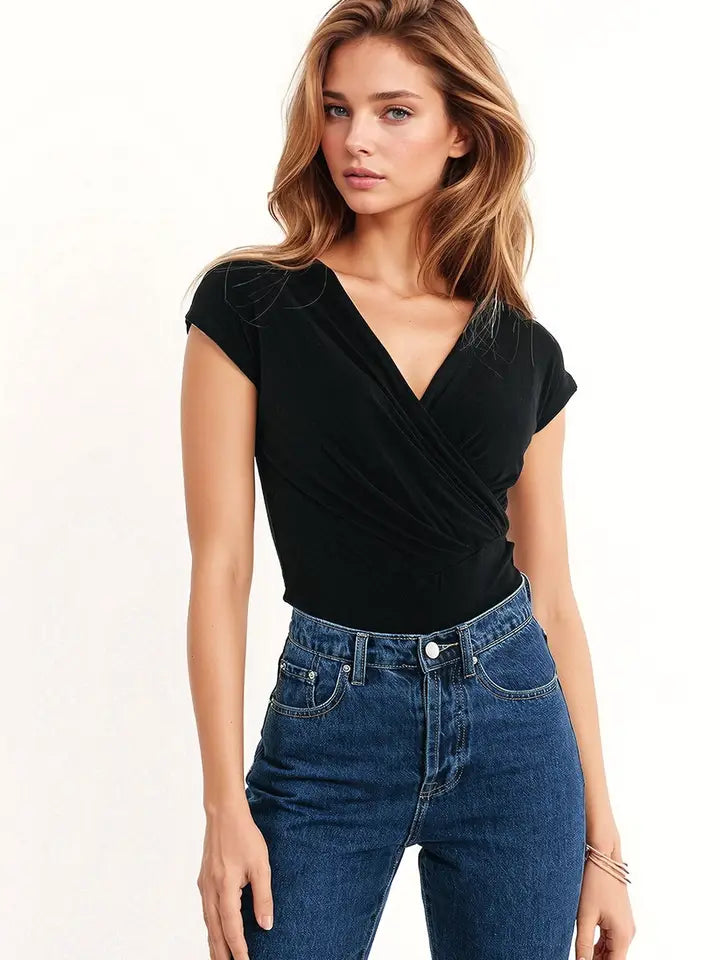 V-Neck Crossed Drapped Fitted Top with Cap Sleeves in Black-Top-Q2-S-Black-Urbanheer