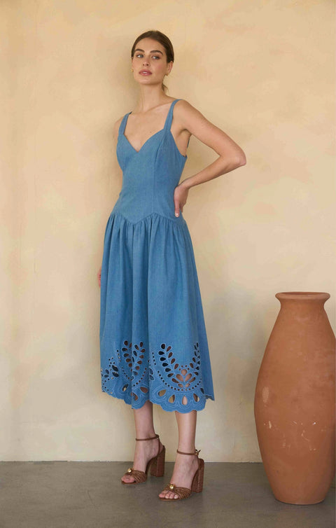 V-Neck Eyelet Detail Denim Midi Dress
