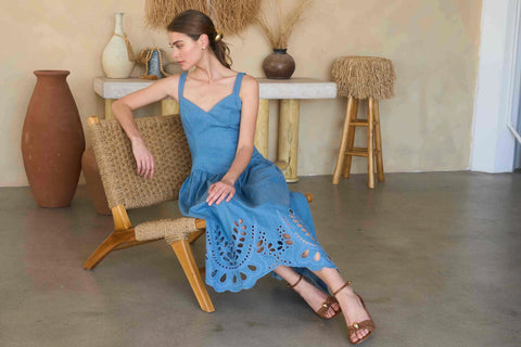 V-Neck Eyelet Detail Denim Midi Dress