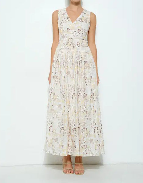 V-Neck Floral Eyelet Sleeveless Maxi Dress-Dress-INA-S-YELLOW MULTI-Urbanheer