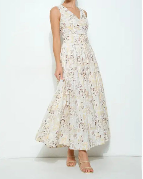 V-Neck Floral Eyelet Sleeveless Maxi Dress-Dress-INA-S-YELLOW MULTI-Urbanheer