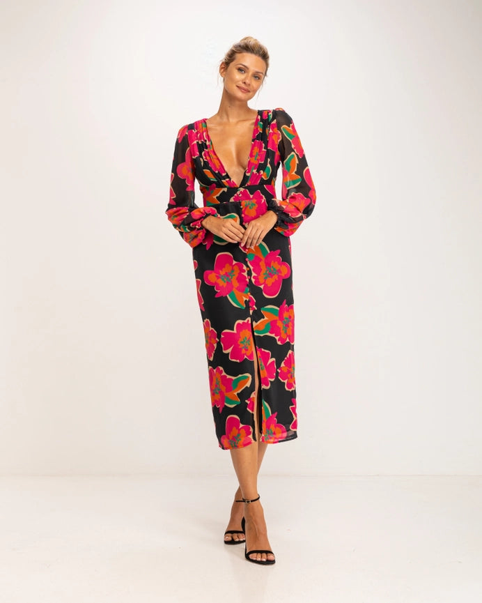 V-Neck Floral Print Midi Dress-Dress-Tantra-S-Urbanheer