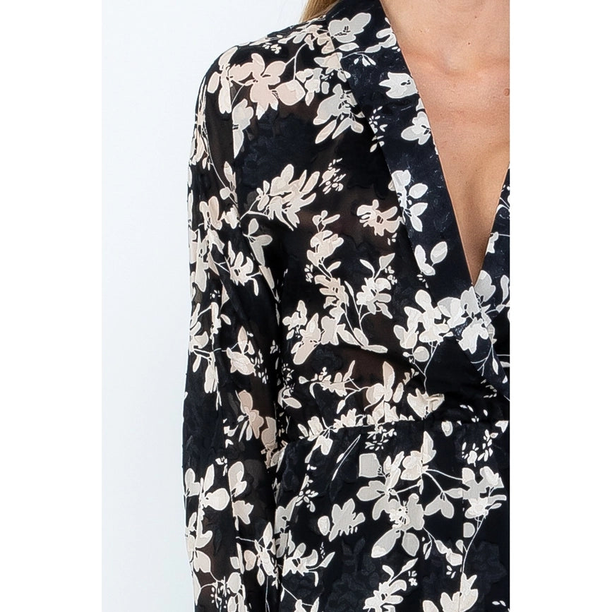 V Neck Floral Print Ruffle Wrap Romper Long Sleeve BLACK-Romper-AZURA-S-BLACK-Urbanheer