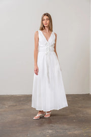 V Neck Pleated Front Tie Midi Dress WHITE-Dress-Moon River-XS-WHITE-Urbanheer
