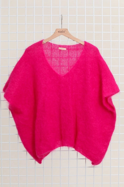 V-Neck Poncho Sweater-Sweater-NAÏS PARIS-One size-fuchsia-Urbanheer