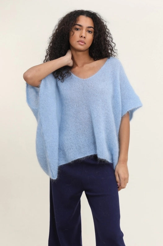 V-Neck Poncho Sweater-Sweater-NAÏS PARIS-One size-sky blue-Urbanheer