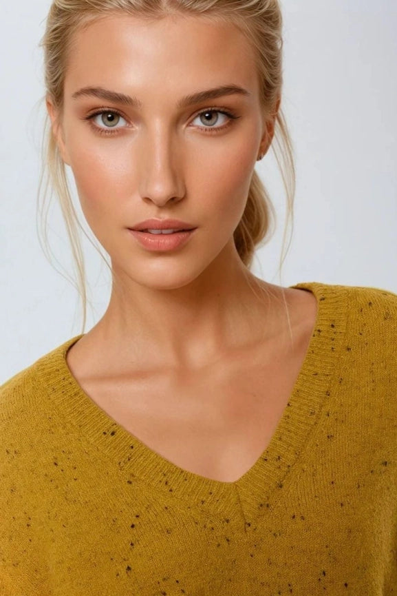 V-Neck Relaxed Fit Speckled Sweater in Mustard Yellow-Sweater-Q2-OS-YELLOW-Urbanheer