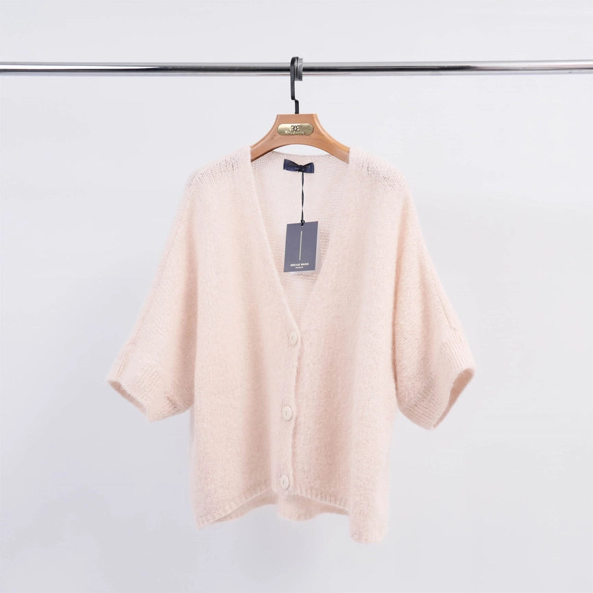 V-Neck Short Sleeve Cardigan-Cardigan-Cecile Wang-Beige-Urbanheer