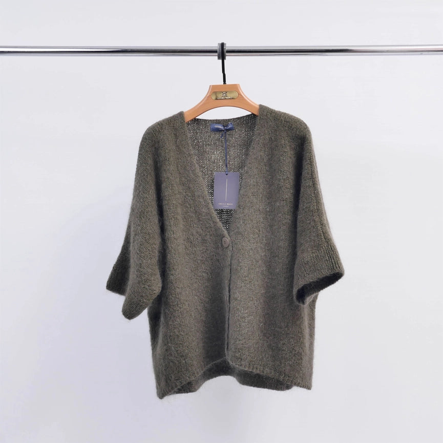 V-Neck Short Sleeve Cardigan-Cardigan-Cecile Wang-Khaki-Urbanheer