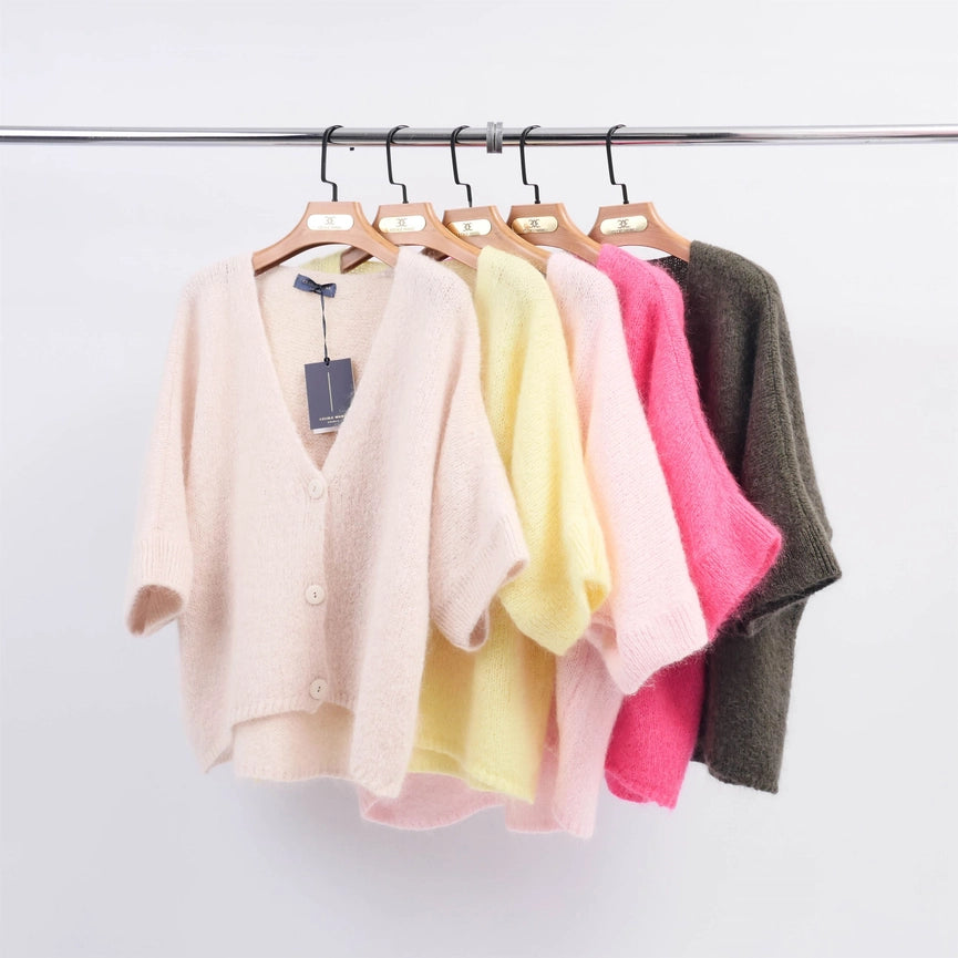 V-Neck Short Sleeve Cardigan-Cardigan-Cecile Wang-Beige-Urbanheer