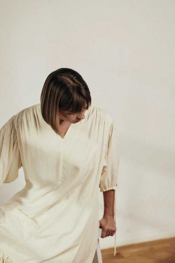 V Neck Single-Tiered Skirt Midi Dress-Dress-amente-S/M-Cream-Urbanheer