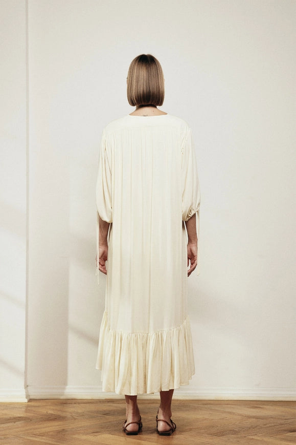 V Neck Single-Tiered Skirt Midi Dress-Dress-amente-S/M-Cream-Urbanheer