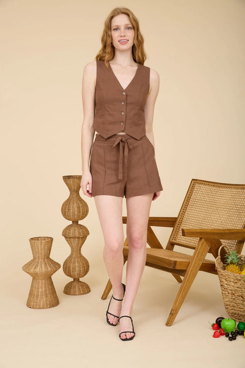 V Neck Sleeveless Button Down Linen Vest Top