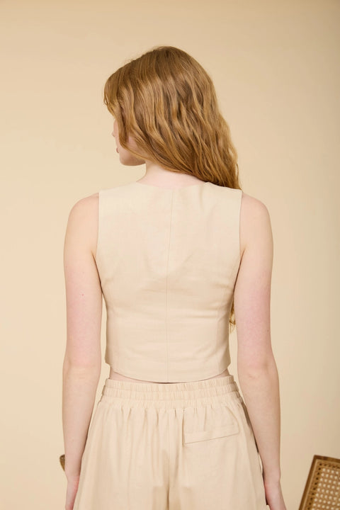 V Neck Sleeveless Button Down Linen Vest Top