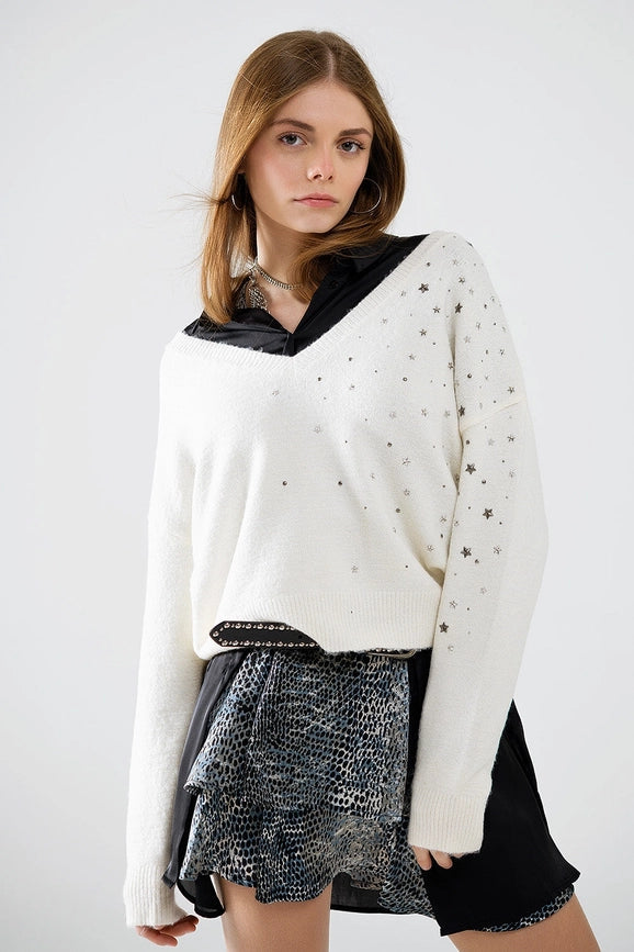 V-Neck Sweater Embellished with Metallic Stars-Sweater-Q2-S-White-Urbanheer